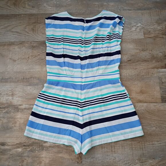 Sail to Sable‎ Blue Silk Charm Striped Women Romper Zip Close M - Picture 6 of 9
